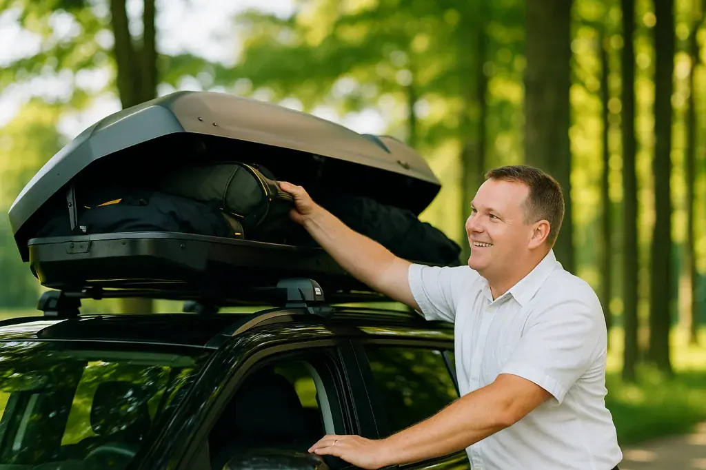 Auto mit Dachbox als Motiv für zusätzlichen Stauraum auf Reisen